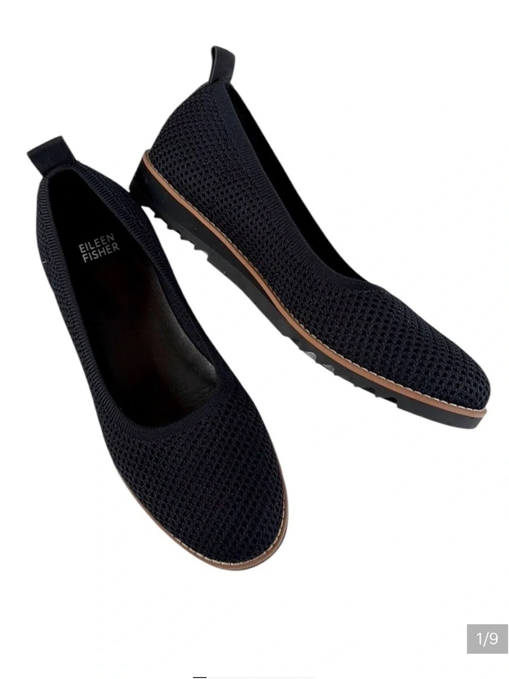 Eileen Fisher Etta Women's Versatile Minimalist Black Flats Tan Trim Size 6.5